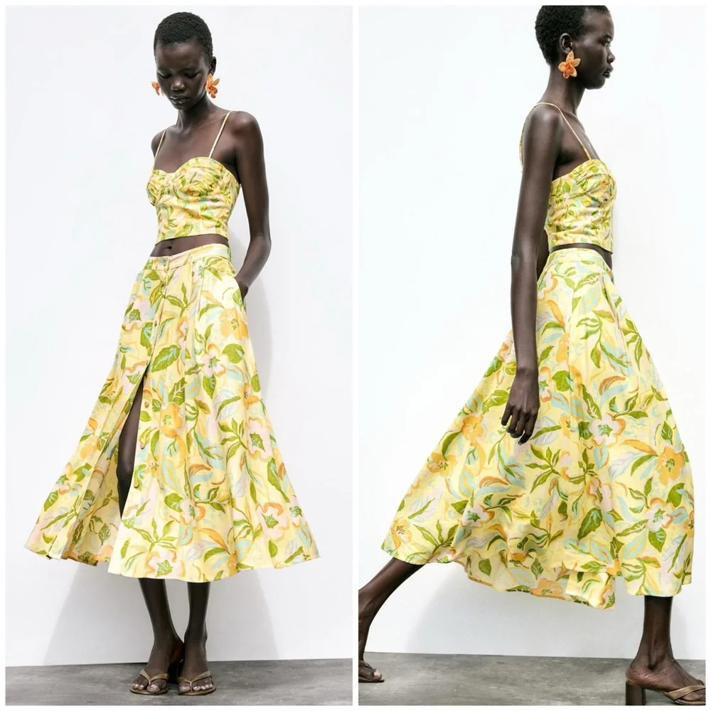 🌼 ZARA Printed Linen Crop Top Bustier Neckline Skirt Set Yellow Floral Print XS - Picture 2 of 16